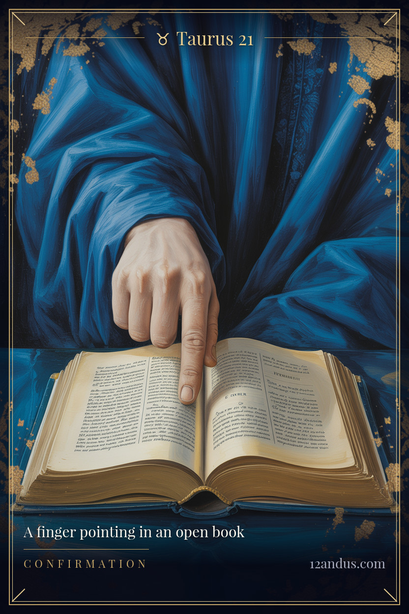 Moon: Taurus 21 — A finger pointing in an open book